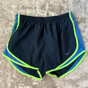 Nike Black and Blue Athletic Shorts with Neon Green Trim